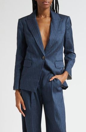 Veronica Beard Obie Pinstripe Linen Blend Dickey Jacket in Blue Dove at Nordstrom, Size 14