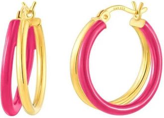 Gold & Honey Womens Enamel Double Hoop Earrings In Pink Peacock