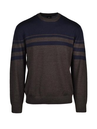 A|X Armani Exchange Blue/Brown Striped Virgin Wool-Blend Crewneck Sweater