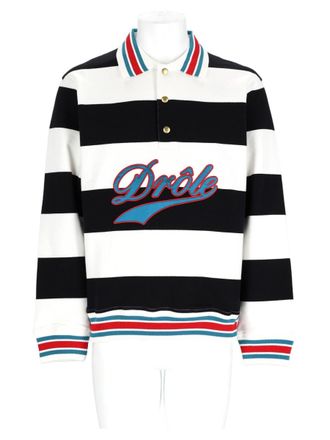 Dr&ocirc;le de Monsieur White Bold Striped Long-Sleeve Cotton Polo Shirt