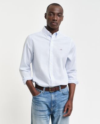 GANT Langarmhemd GANT SLIM POPLIN STRIPE SHIRT, Herren, Gr. L, N-Gr, blau (light blau), Web, Obermaterial: 100% Baumwolle, 1-Knopf-Manschette, Hemden Langa