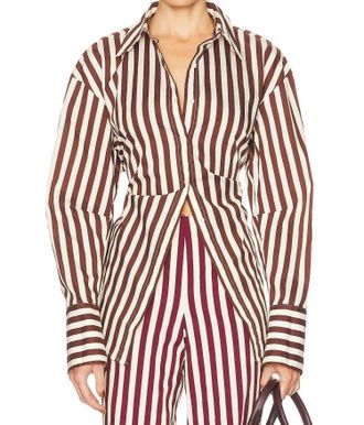 Simon Miller Loch Poplin Button Up Top In Choco Brown / Cream