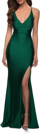 La Femme V Neck Jersey Fitted Prom Dress with Tie Up Back in Emerald at Nordstrom, Size 8