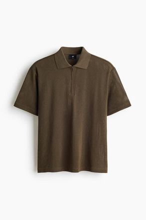 H&M Regular Fit Hole-knit Polo Shirt in Dark Khaki Green at Nordstrom, Size Xx-Large