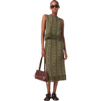 Maje Knit skirt with rhinestone flowers in Khaki at Nordstrom, Size 36 Eu