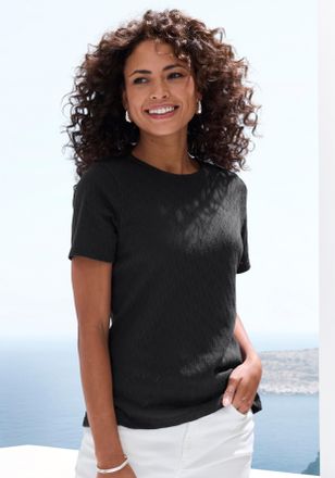 Vivance Kurzarmshirt VIVANCE mit modischem Ajour-Muster, Damen, Gr. 32/34, schwarz, Feinstrick, Obermaterial: 60% Baumwolle, 40% Polyester, figurumspielend, R