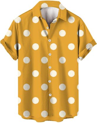 Generic Hawaiian Shirts for Men Short Sleeve Polka Dot T-Shirts 2025 Summer Button Down Tops Casual Holiday Beach Shirt Tees Camisas De Playa para Hombres(Yel
