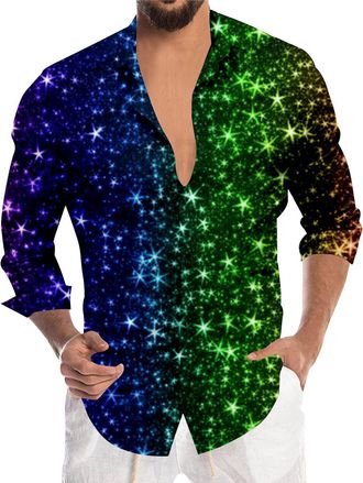 Generic Mens Sequin Shirt Long Sleeve Glitter SparkIe Shirt for Carnival Festival Party Nightclub Fancy Dress Shiny Disco Costume Tops Button Down for Men Sta