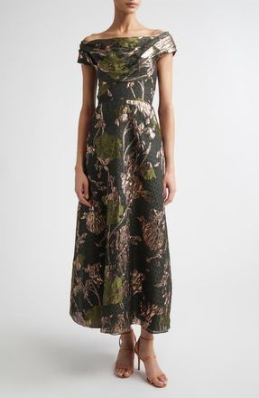 Lela Rose Floral Draped Metallic Fil Coup&eacute; Fit & Flare Dress in Cactus Multi at Nordstrom, Size 6