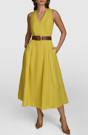 DKNY Belted Sleeveless Linen Blend Maxi Dress in Chartreuse at Nordstrom, Size 4