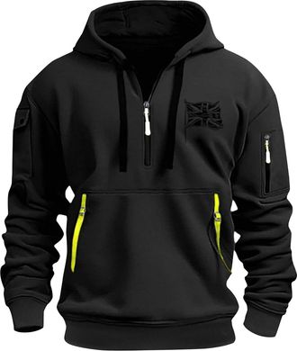 Generic Hoodies for Men UK, British Flag Printing Quarter Zip Up Sweatshirt Warm Neck, Long Sleeve Casual Fleece Jumpers, Casual Fashion Gym Tops (Black, XXL)