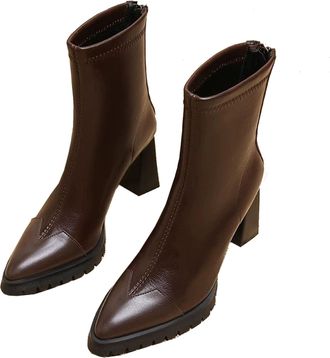 Generic Womens Ankle Boots, Retro Pointed Toe Chunky Heel Short Boots, High Heel Casual Dress Booties with Back Zippers for Business Evening Party (Brown,2.5)