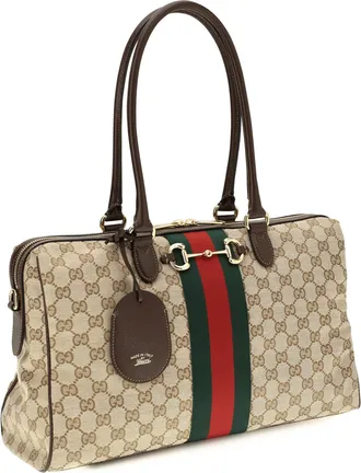 Gucci Womens Large Horsebit Web Top Handle Bag Vint.sand-Dk.bro-Vrv Fabric Handbags Vint.sand/dk.bro/vrv Hand