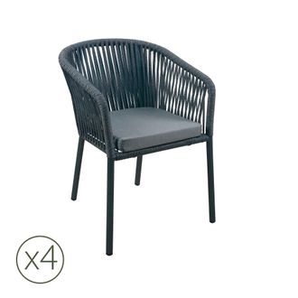 Kerama Pack de 4 sillas de jardin de aluminio antracita y cuerda con coj&iacute;n