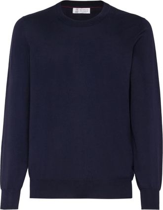 Brunello Cucinelli Lichtgewicht Katoenen Trui - Heren - Ronde hals truien - Blauw - 2XL - Katoen - Truien & Vesten