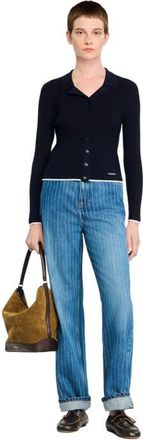 Sandro Cropped polo collar cardigan in Navy Blue at Nordstrom, Size X-Large