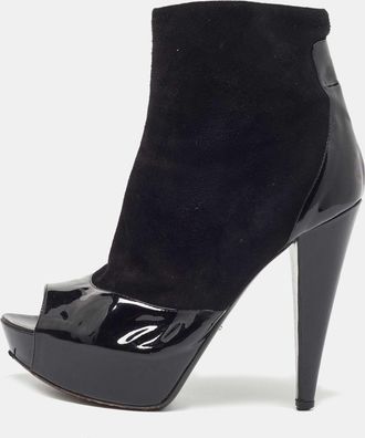 Sergio Rossi Black Patent And Suede Leather Baltimora Peep Toe Platform Ankle Boots