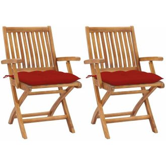 vidaXL Sillas De Jard&iacute;n 2 Unidades Madera De Teca Con Cojines Rojos Vidaxl