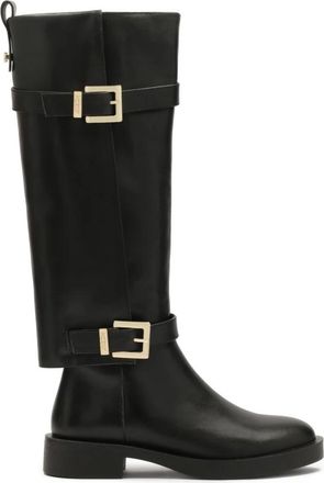 Kazar Zwarte platte laarzen met bovenwerk in overlay. Dit product valt klein uit. - Dames - Hoge Laarzen - Zwart - 36 EU - Leer - Schoenen