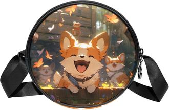 Generic Circle Crossbody Bag for Women, Corgi Puppy Small Sling Bag Daypack with Zipper Adjustable Shoulder Straps Casual Ladies Girls Round Purse