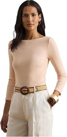 Lauren Ralph Lauren Rib-Knit Cotton-Blend Boatneck T-Shirts Womens Clothing Light Portside Coral : MD, Cotton/Elastane/Modal