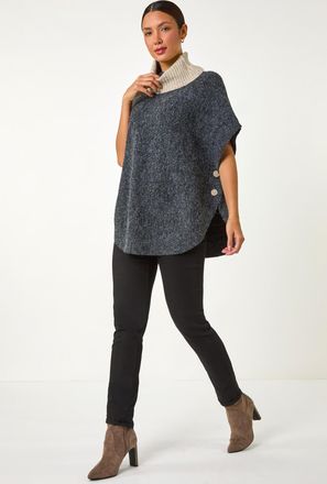 Roman Contrast Roll Neck Button Knit Poncho