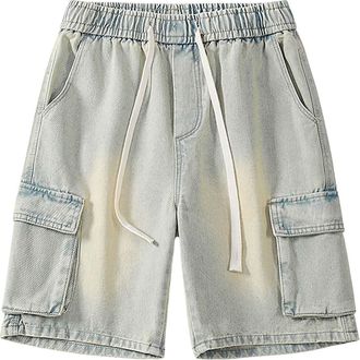 Generic Mens Jeans Shorts Multi Pockets Denims Short-Pant with Drawstring Plain Color Denim Short Elastic Waistband Jean Pants for Everyday Sports Jogger Half