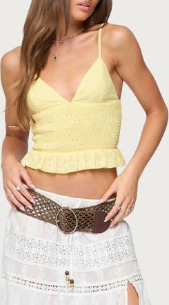 Edikted Evy Embroidered Cotton Blend Peplum Crop Top in Yellow at Nordstrom, Size X-Small