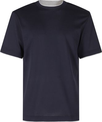 Eleventy Deep Navy Light Grey Trim Cotton T-Shirt
