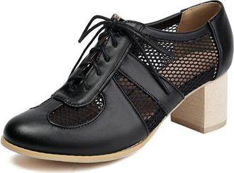 Generic Womens Lace Mesh Stacked Chunky Heel Wingtips Oxfords Round Toe Lace Up Pumps Shoes Work Office Casual Loafers (7.5,Black)