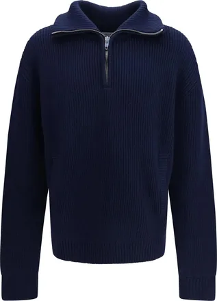 Balenciaga Ribbed Knit Zip Sweater - Navy