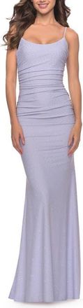 La Femme Jeweled Modified Scoop Neck Jersey Dress with Open Back in Bright Colors in Light Periwinkle at Nordstrom, Size 12