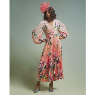 River Island Womens Midi Dress Pink Premium Plisse Floral - Size 14 UK