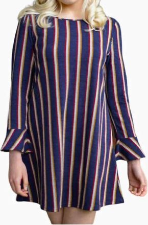 Papillon Multi Stripe Bell Sleeve Dress In Navy