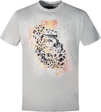 Cavalli Mens Leopard Print Silhouette Grey T-Shirt Cotton - Size Large