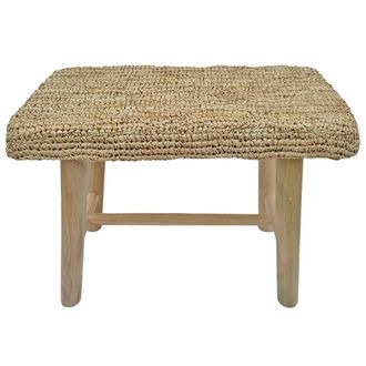 NATYAL Banco de madera de teca y rafia natural con asiento acolchado 60cm