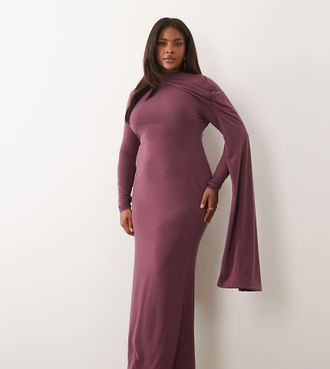 Asos Curve ASOS DESIGN Curve - Vestito lungo a maniche lunghe color malva con dettaglio foulard-Viola