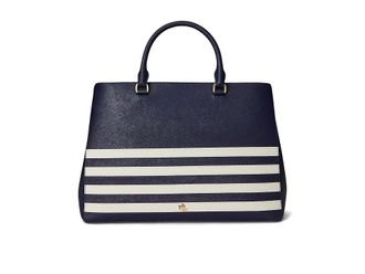 Lauren Ralph Lauren Striped Leather Large Hanna Satchel Satchel Womens Handbags Refined Navy/Soft White