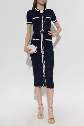 Self Portrait Pencil Dress With Belt, Womens, Navy Blue