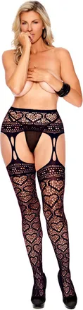 Elegant Moments Heart Net Suspender Pantyhose - Black - Qs