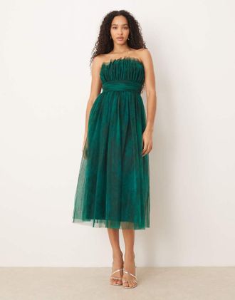 Lace & Beads Vestito midi a fascia in tulle stretto in vita verde giada astratta