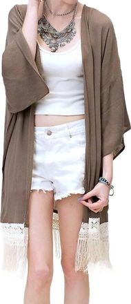 Greek Archaic Kori Bohemian Crochet & Fringe Kimono Jacket In Olive
