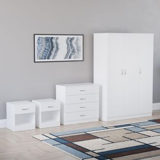 Home Discount Riano 4Pc Bedroom Set 4 Drawer Chest 3 Door Wardrobe Storage Furniture in White