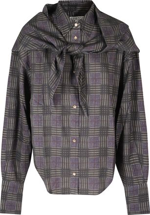 Essentiel Dusty Green Checkered Scarf Cotton-Blend Shirt