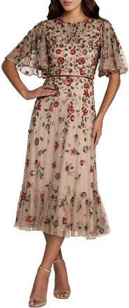 Mac Duggal Womens Floral Embellished Flutter Sleeve Midi Dress in Antique Rose at Nordstrom, Size 12