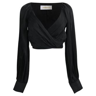 Zimmermann Long Sleeve Wrap Cropped Top in Black Silk