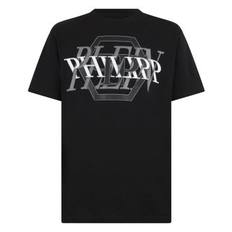 Philipp Plein Tops, Heren, Zwart, XL, Katoen, Rondhals T-Shirt Logo Hexagon