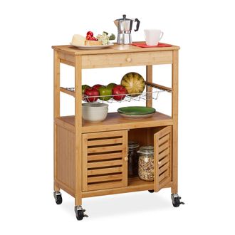 Relaxdays Carrito Cocina, Camarera Con Ruedas, Isla Con Cesto, Bamb&uacute;, 82 X 59,5 X 35 Cm, Marr&oacute;n - Relaxdays