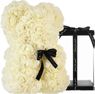 Trade Shop Trade Shop - Rosas Oso De Peluche Con 40 Cm Flores Artificiales En Caja De Regalo - Blanco