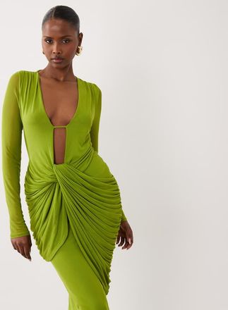 Asos Vestito midi a maniche lunghe verde in rete con scollo profondo e drappeggio